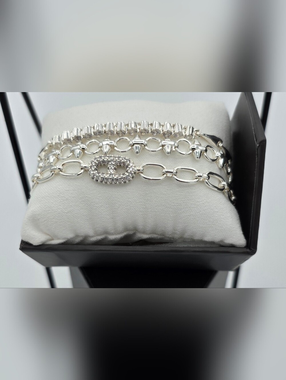 BP Sterling Silver Luxe Layers 3 Crystal Link Bracelets